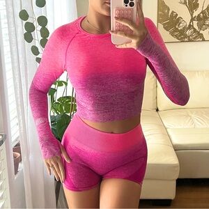 Neon Pink to Purple Ombre Long Sleeve Crop Top and Shorts Set size small
